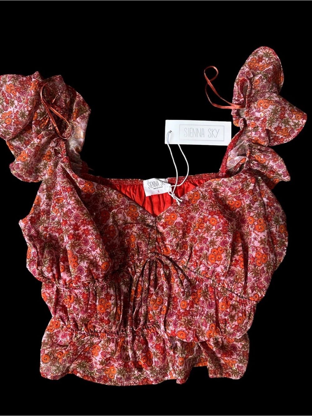 Sienna Sky Pink and Orange Floral Ruffle Crop Top with Gold Metallic. Size Large